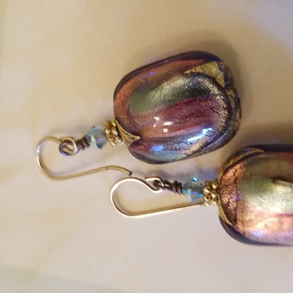 Vintage Dichroic Glass and Crystal Bead Drop Earrings - Picture 4 of 5